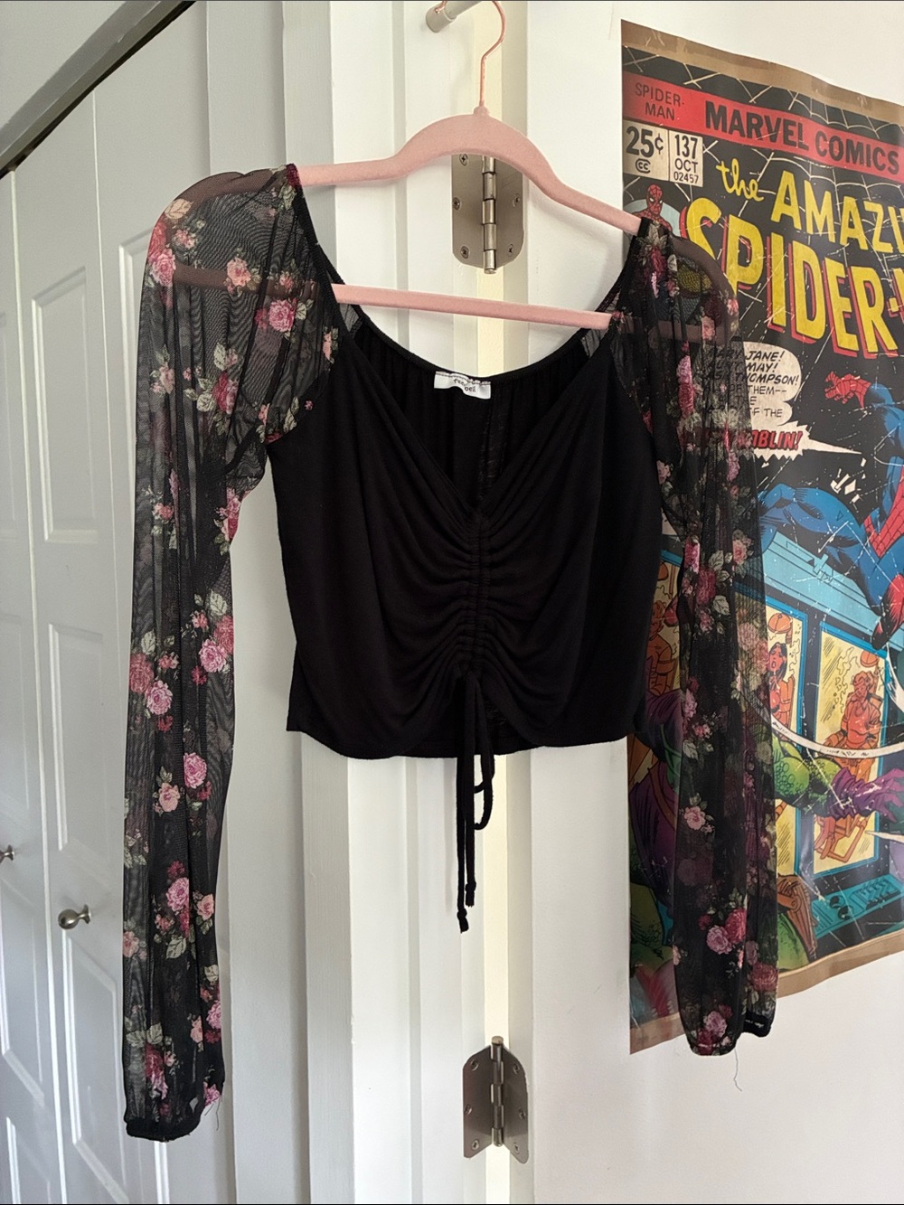 TeenBell Black Crop Top with Pink Floral Mesh Sleeves